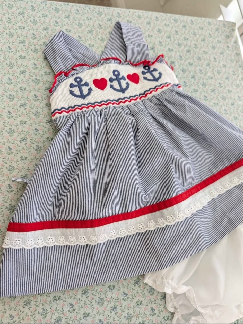 Girls Navy Stripe Nautical Smocked Dress with Red Trim